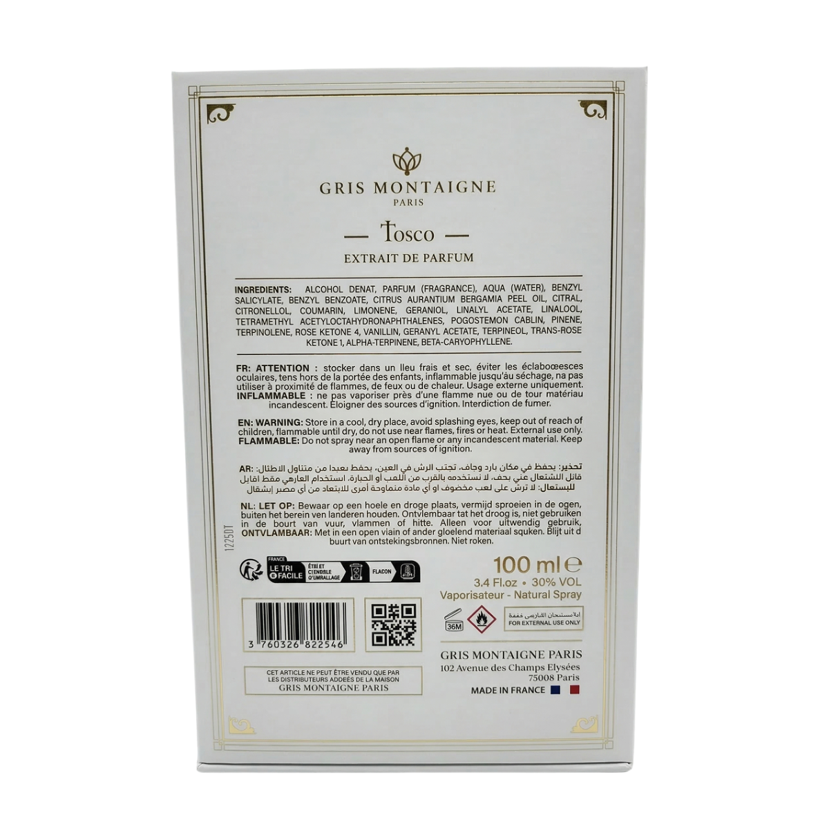 100ml Gris Montaigne - Tosca - Extrait de Parfum pour Femme
