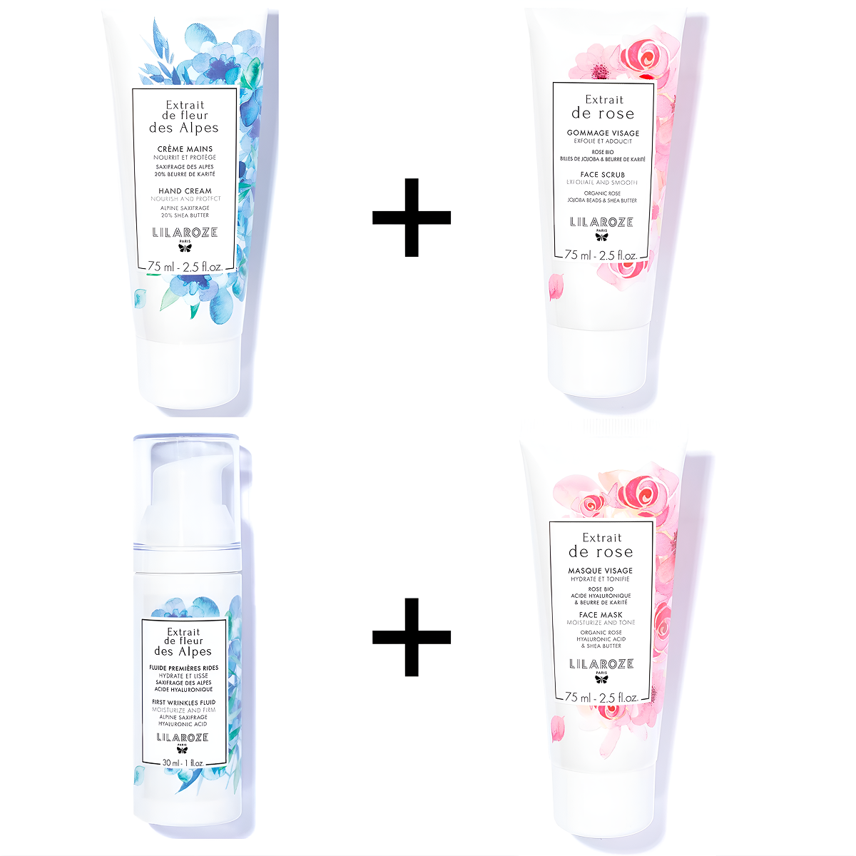 Lilaroze Paris - Pack Crema Mani Estratto di Fiori delle Alpi + Scrub Viso Estratto di rose + Fluido Prime Rughe Estratto di Fiori delle Alpi + Maschera Viso Estratto di rose