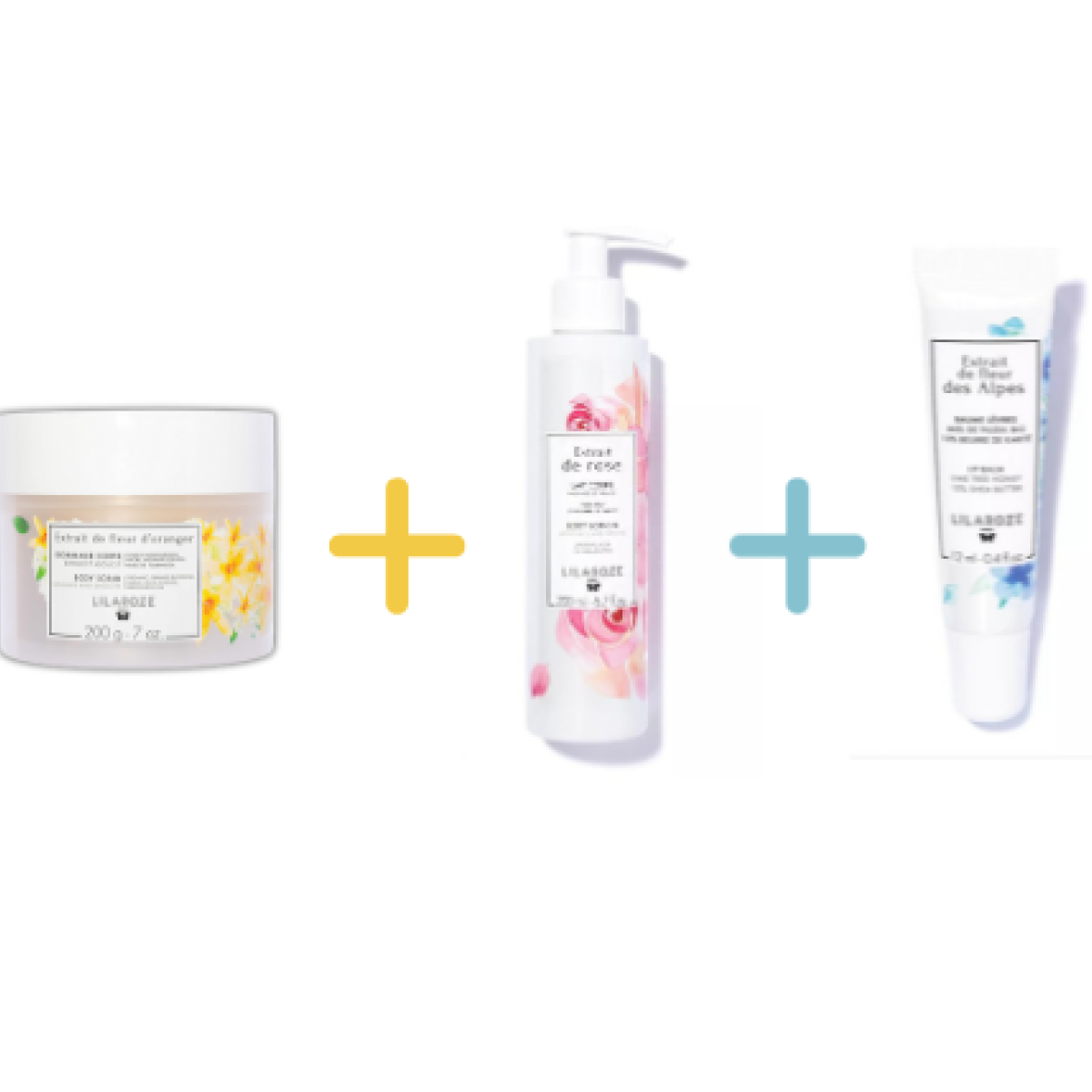 Lilaroze Paris - Pack Gommage Corps Extrait de Fleur D'oranger Bio + Lait Corps Extrait de Rose Hydrate et Apaise beurre de karité + Baume à Lèvres Extrait de Fleur Des Alpes Miel de Tilleul Bio