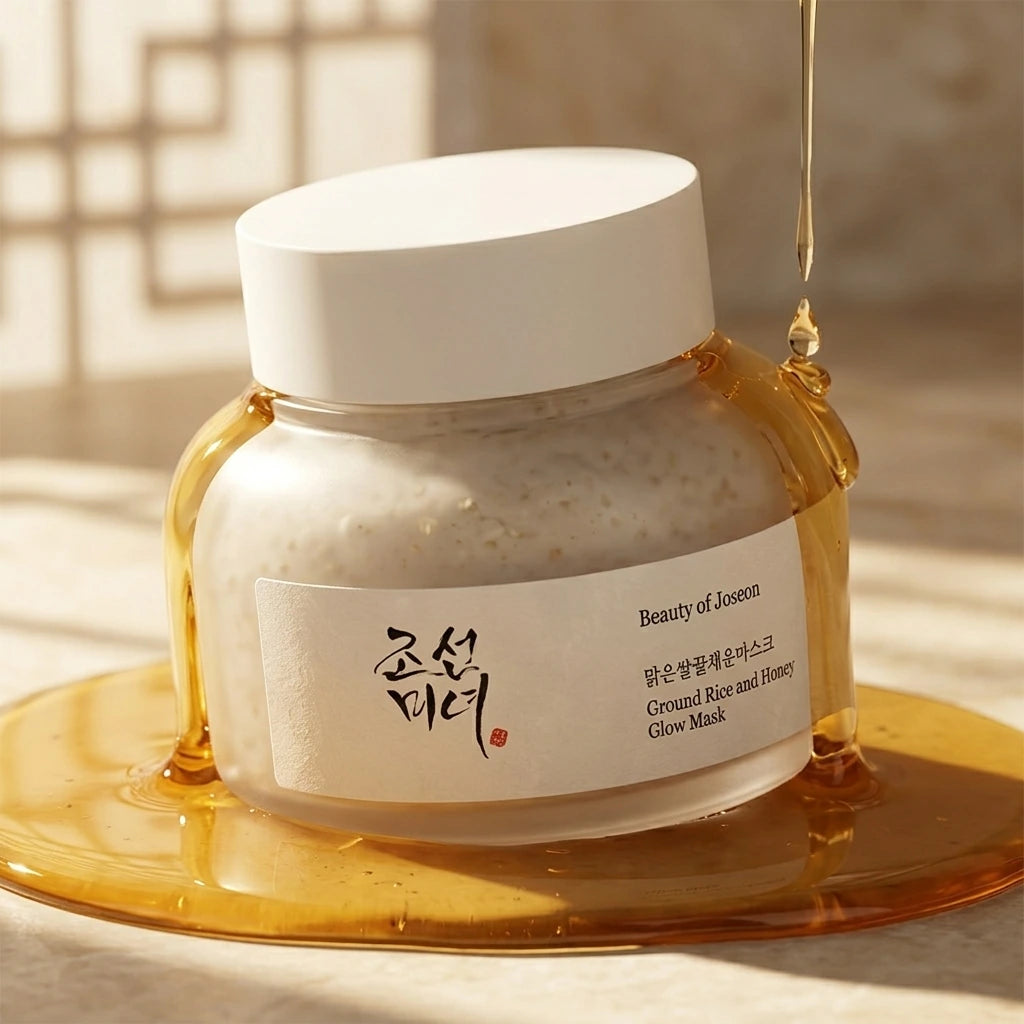 Angle : 3/4 face Beauty of Joseon Ground Rice and Honey Glow Mask jar partially surrounded by flowing golden honey, realistic honey drips, warm sunlight, luxury Korean skincare campaign, photorealistic cosmetic photography, premium beauty advertising, creamy texture visible through frosted glass, elegant shadows, ultra detailed. (gemini-3.1-flash-image-preview)