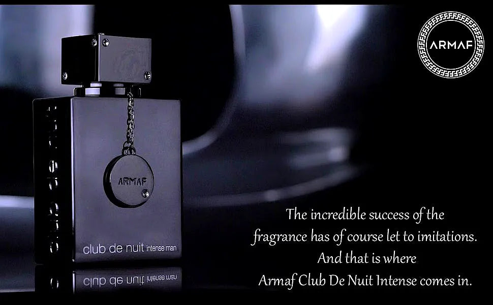 Armaf Club de Nuit Intense Eau de Toilette per uomo - Un flacone di profumo elegante e moderno, con tappo nero e dettagli argentati, su sfondo scuro.