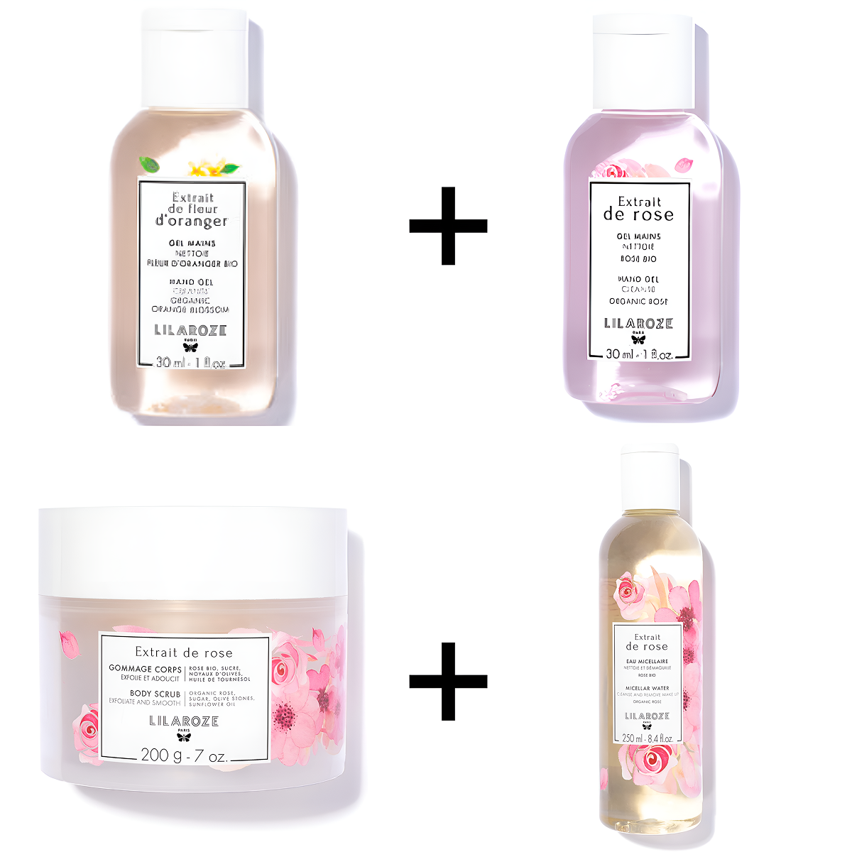 Lilaroze Paris - Pack Gel Mani Estratto di Fiori d'Arancio + Acqua Micellare Estratto di rose + Gel Main Estratto di rose + Scrub Corpo Estratto di rose