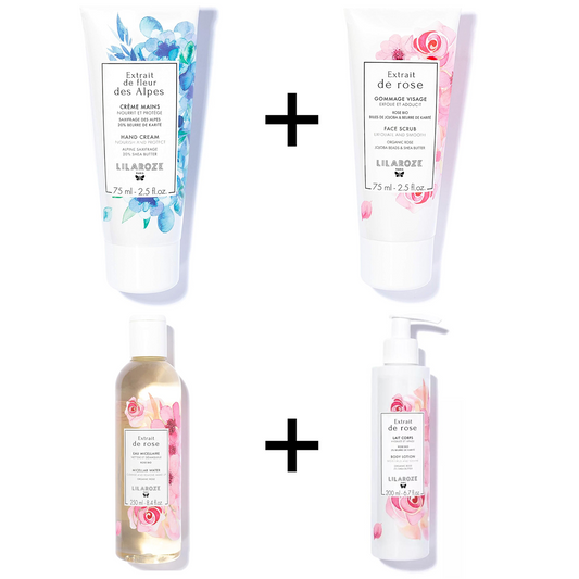 Lilaroze Paris - Pack Latte Corpo Estratto di rose + Acqua Micellare Estratto di rose + Crema Mani Estratto di Fiori delle Alpi + Maschera Viso Estratto di rose
