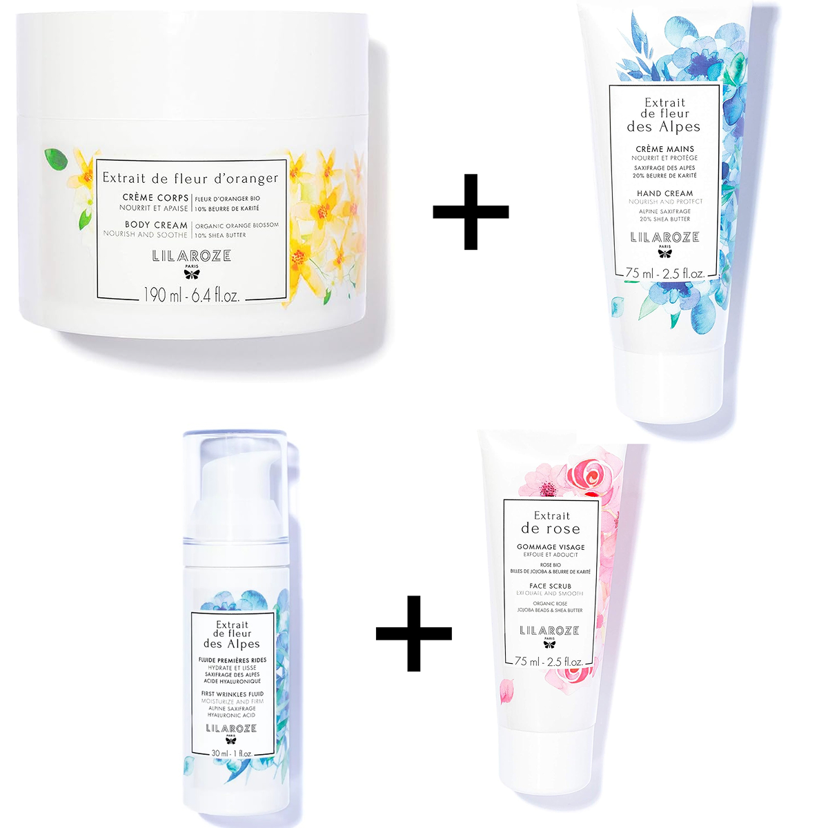 Lilaroze Paris - Pack Maschera Viso Estratto di rose + Fluido Prime Rughe Estratto di Fiori delle Alpi + Crema Mani Estratto di Fiori delle Alpi + Crema Corpo Estratto di Fiori d'Arancio