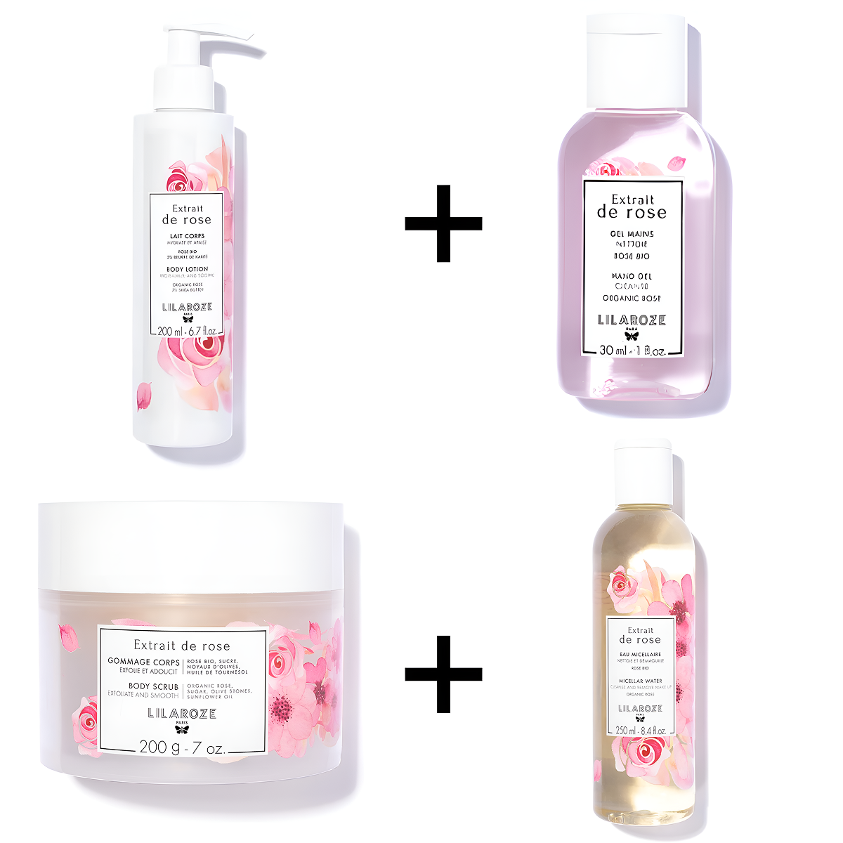 Lilaroze Paris - Pack Gel Mani Estratto di rose + Acqua Micellare Estratto di rose + Latte Corpo Estratto di rose + Scrub de Corpo Estratto di rose