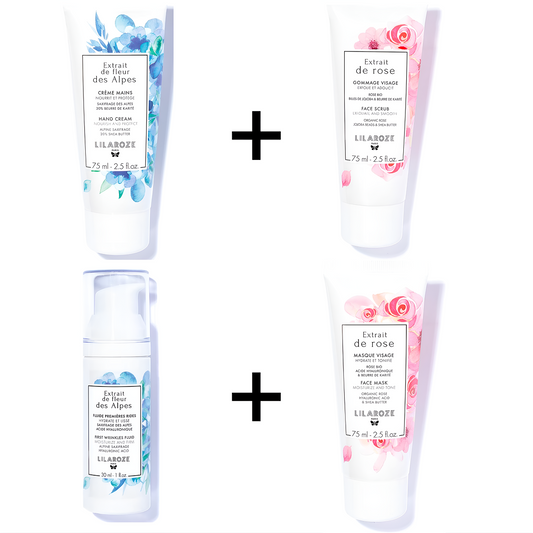 Lilaroze Paris - Pack Crema Mani Estratto di Fiori delle Alpi + Scrub Viso Estratto di rose + Fluido Prime Rughe Estratto di Fiori delle Alpi + Maschera Viso Estratto di rose