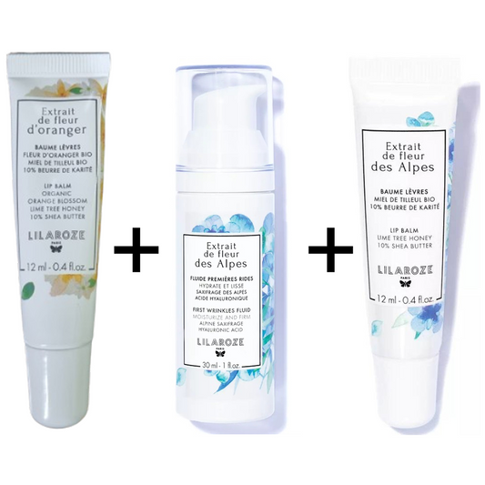 Lilaroze Paris - Pack Balsamo Labbra Estratto di Fiori d'Arancio Burro di Karité + Balsamo Labbra Estratto di Fiori delle Alpi Miele di Tiglio Bio + Fluido Prime Rughe Estratto di Fiori delle Alpi Idrata e Leviga Acido Ialuronico