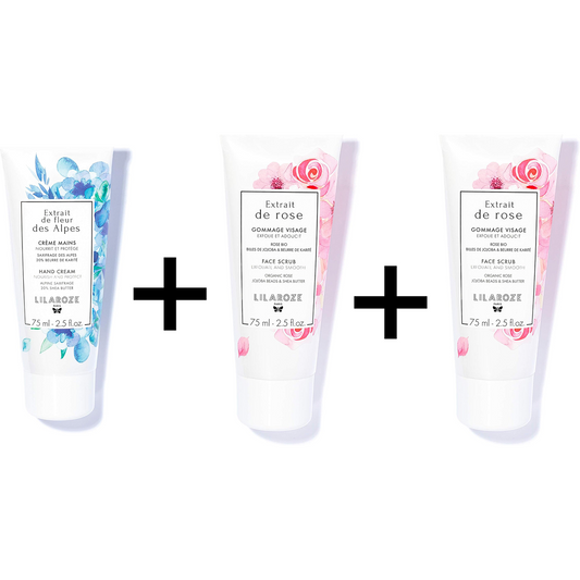 Lilaroze Paris - Pack Maschera Viso Estratto di Rose Idrata e Tonifica + Scrub Viso Estratto di Rose Esfolia e Ammorbidisce + Crema Mani Estratto di Fiori delle Alpi Nutre e Protegge