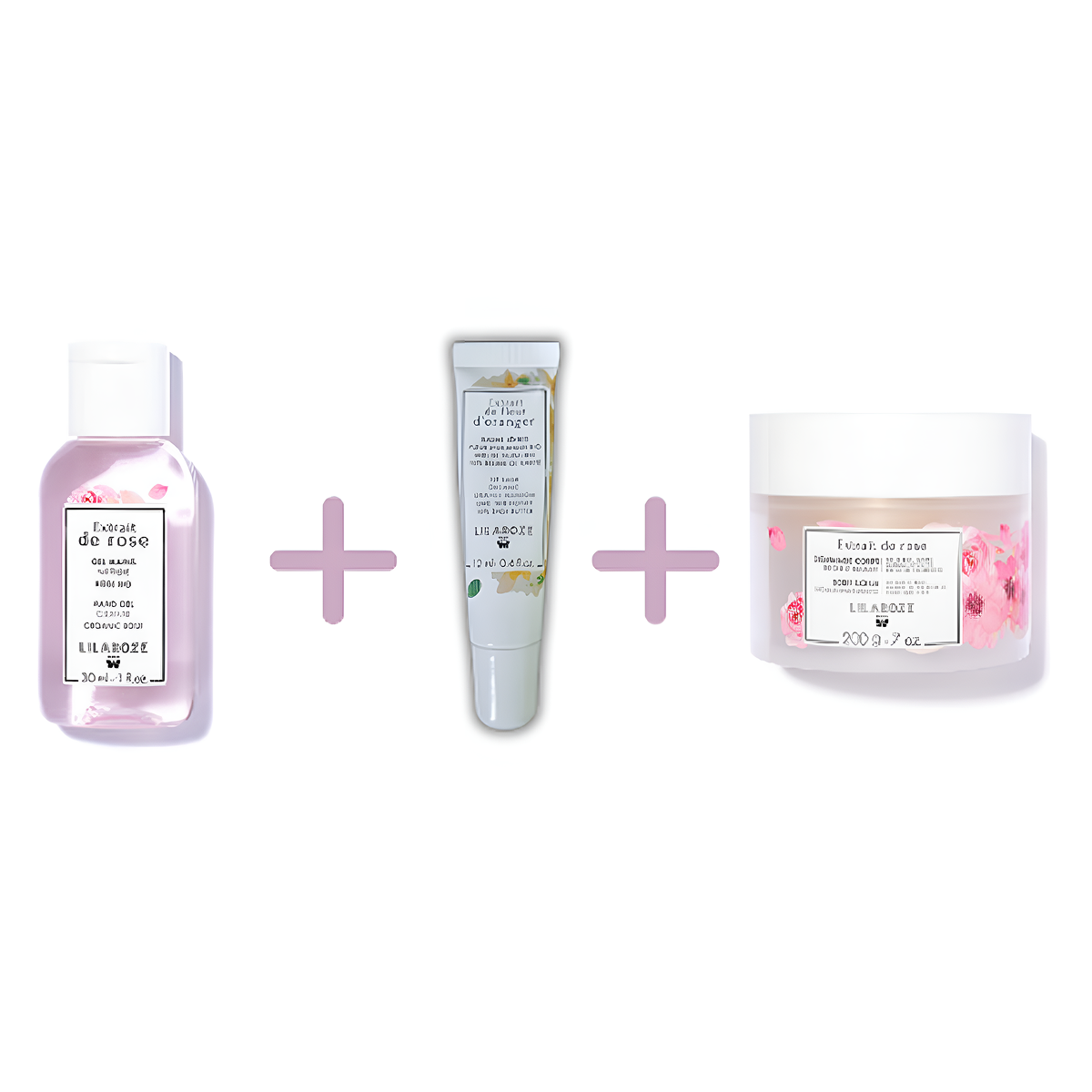 Lilaroze Paris - Pack Gel Mani Detergente Estratto di Rose + Balsamo Labbra Estratto di Fiori d'Arancio Burro di Karité + Scrub Corpo Estratto di Rose Bio
