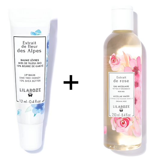 Lilaroze Paris - Pack Balsamo Labbra Estratto di Fiori delle Alpi Miele di Tiglio Bio + Acqua Micellare Estratto di Rose Pulisce e Strucca Bio