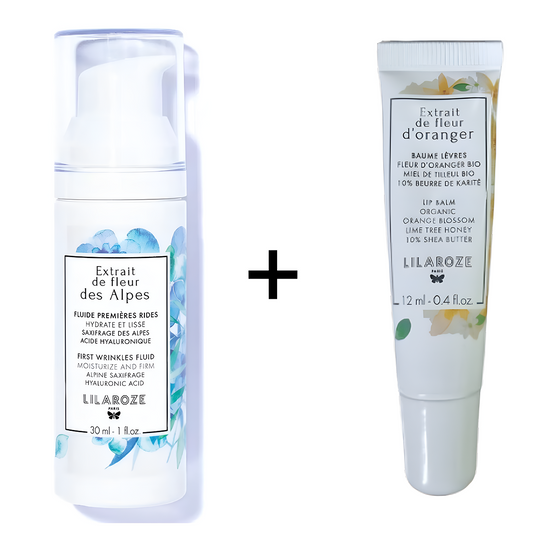 Lilaroze Paris - Pack Fluido Prime Rughe Estratto di Fiori delle Alpi Idrata e Leviga Acido Ialuronico + Balsamo Labbra Estratto di Fiori d'Arancio Burro di Karité