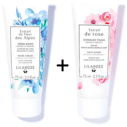 Lilaroze Paris - Pack Crema Mani Estratto di Fiori delle Alpi Nutre e Protegge + Scrub Viso Estratto di Rose Esfolia e Ammorbidisce