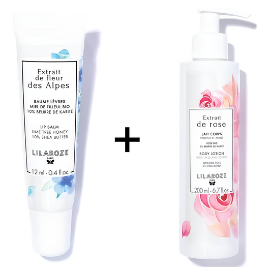Lilaroze Paris - Pack Balsamo Labbra Estratto di Fiori delle Alpi Miele di Tiglio Bio + Latte Corpo Estratto di Rose Idrata e Lenisce Burro di Karité