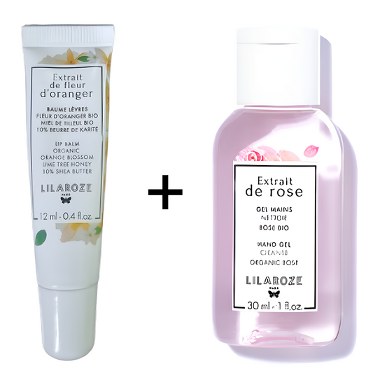Lilaroze Paris - Pack Balsamo Labbra Estratto di Fiori d'Arancio Burro di Karité + Gel Mani Detergente Estratto di Rose