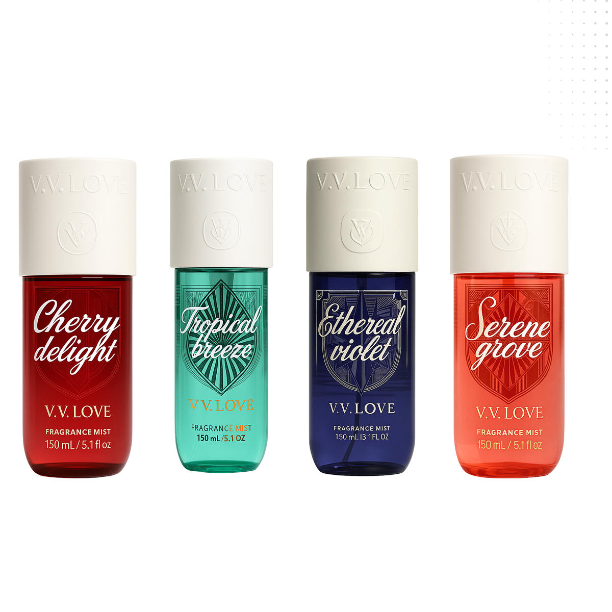 VV love - Pack Cherry Delight + Tropical Breeze + Ethereal Violet + Serene Grove - Body Mist da Donna