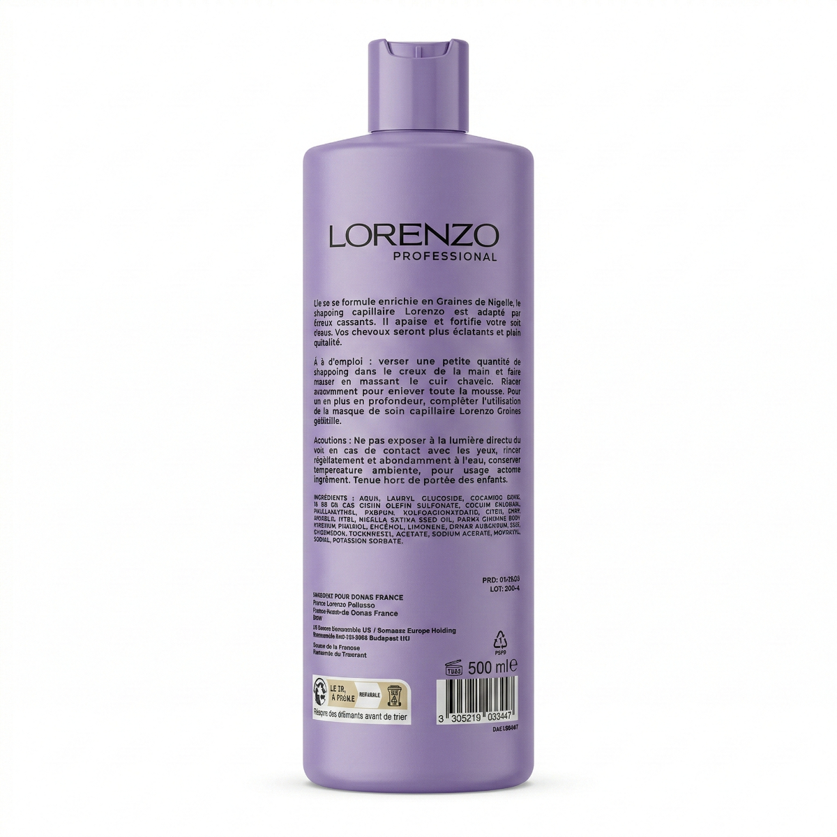 500ml Lorenzo Professional - Huile de Graines de Nigelle - Shampooing Sans Sulfate cheveux cassants