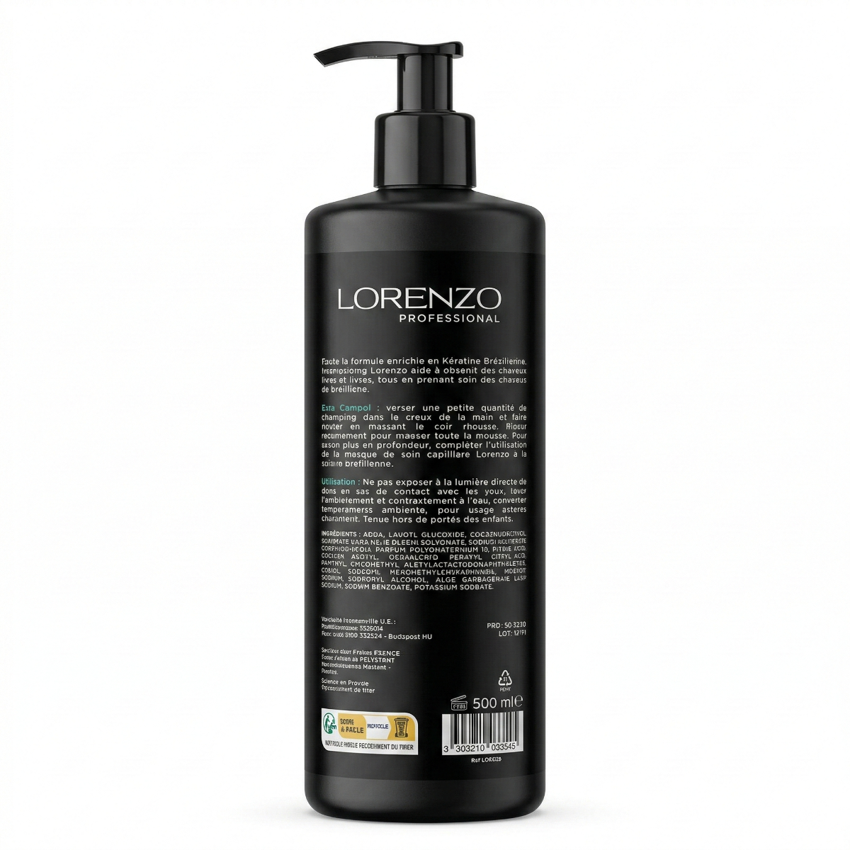 500ml Lorenzo Professional - Shampooing Sans Sulfate a la Kératine Brésilienne