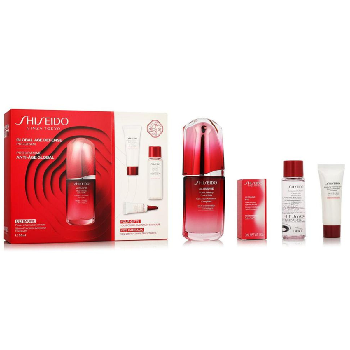 50ml+15ml+30ml+3ml Shiseido - Programme Anti-Âge Global - Coffret Concentré Activateur Énergisant Ultimune 50 Ml
 + Mousse Nettoyante Clarifiante 15 Ml
 +Lotion Soin Équilibrante 30 Ml
 + Concentré Activateur Yeux Énergisant Ultimune 3 ml