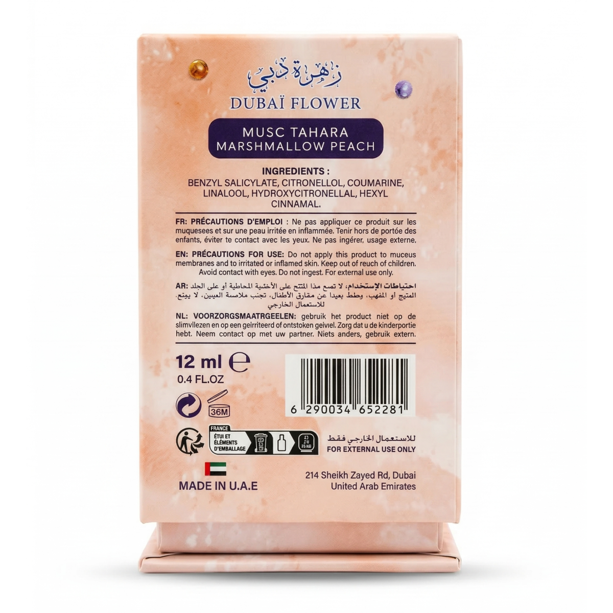 12ml Dubaï Flower - Musc Tahara Marshmallow Peach - Concentré de Parfum Mixte