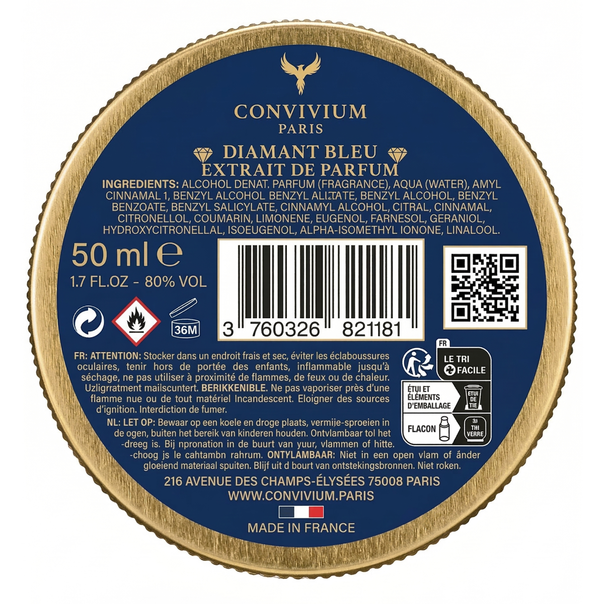 50ml Convivium Paris - Diamant Bleu - Extrait de Parfum Mixte