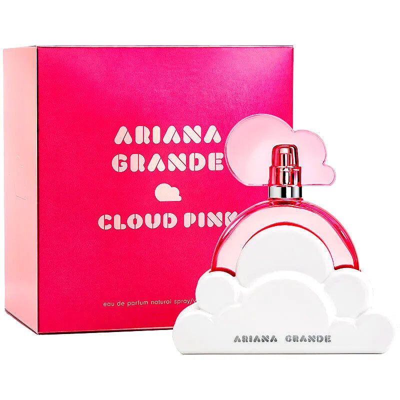 Ariana Grande Cloud Pink Eau de Parfum da donna, caratterizzato da un flacone rosa tenue con un soffice topper a forma di nuvola.