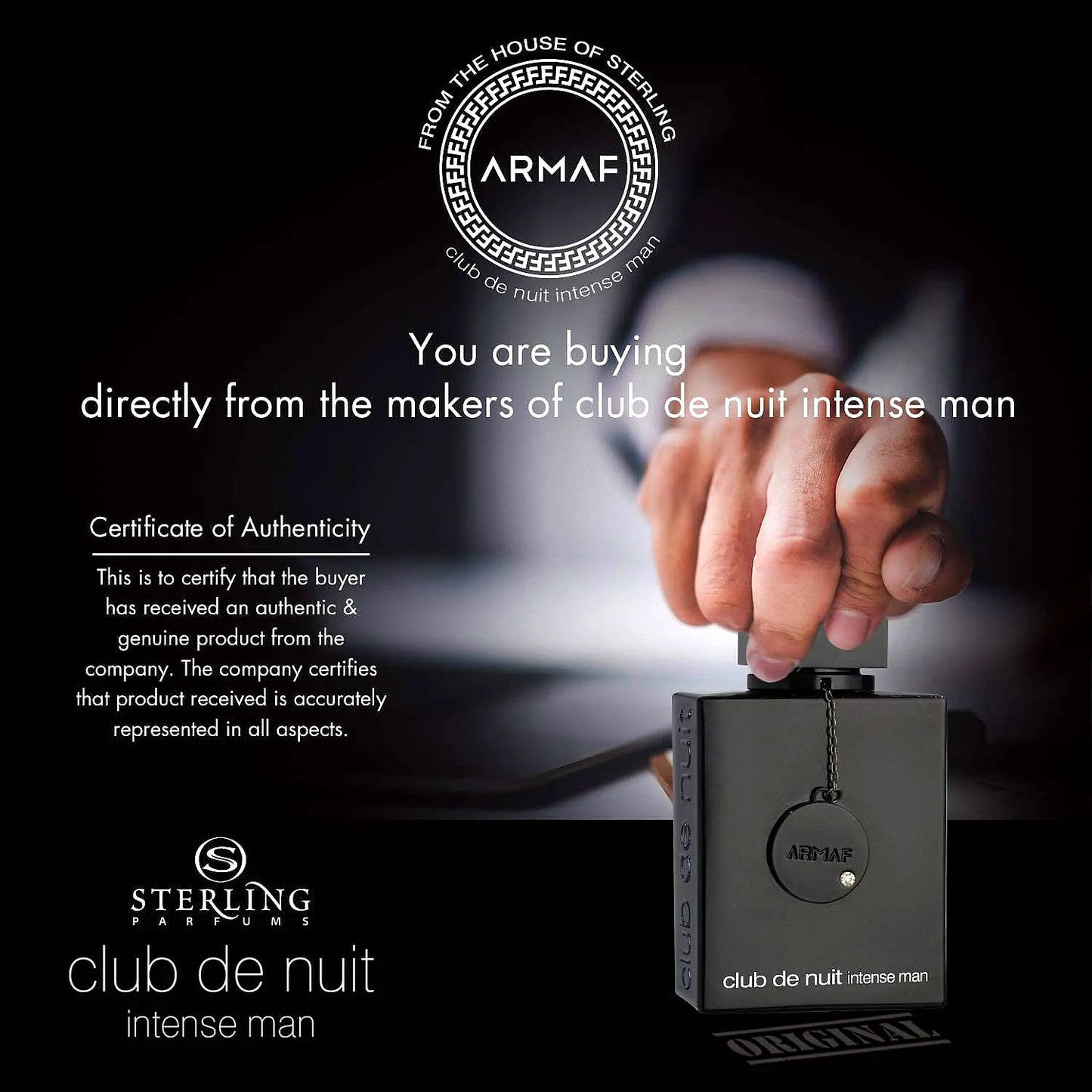 Armaf Club de Nuit Intense Eau de Toilette da uomo flacone di profumo dal design elegante con accenti dorati.