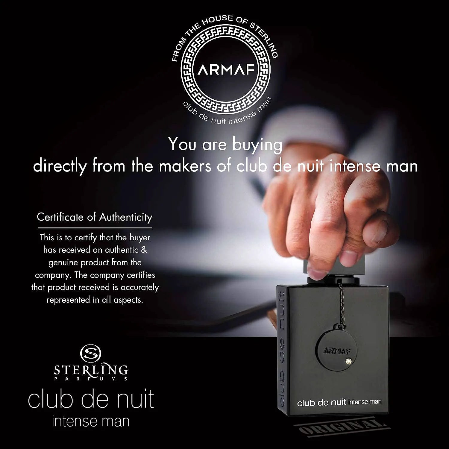 Armaf Club de Nuit Intense Eau de Toilette da uomo flacone di profumo dal design elegante con accenti dorati.