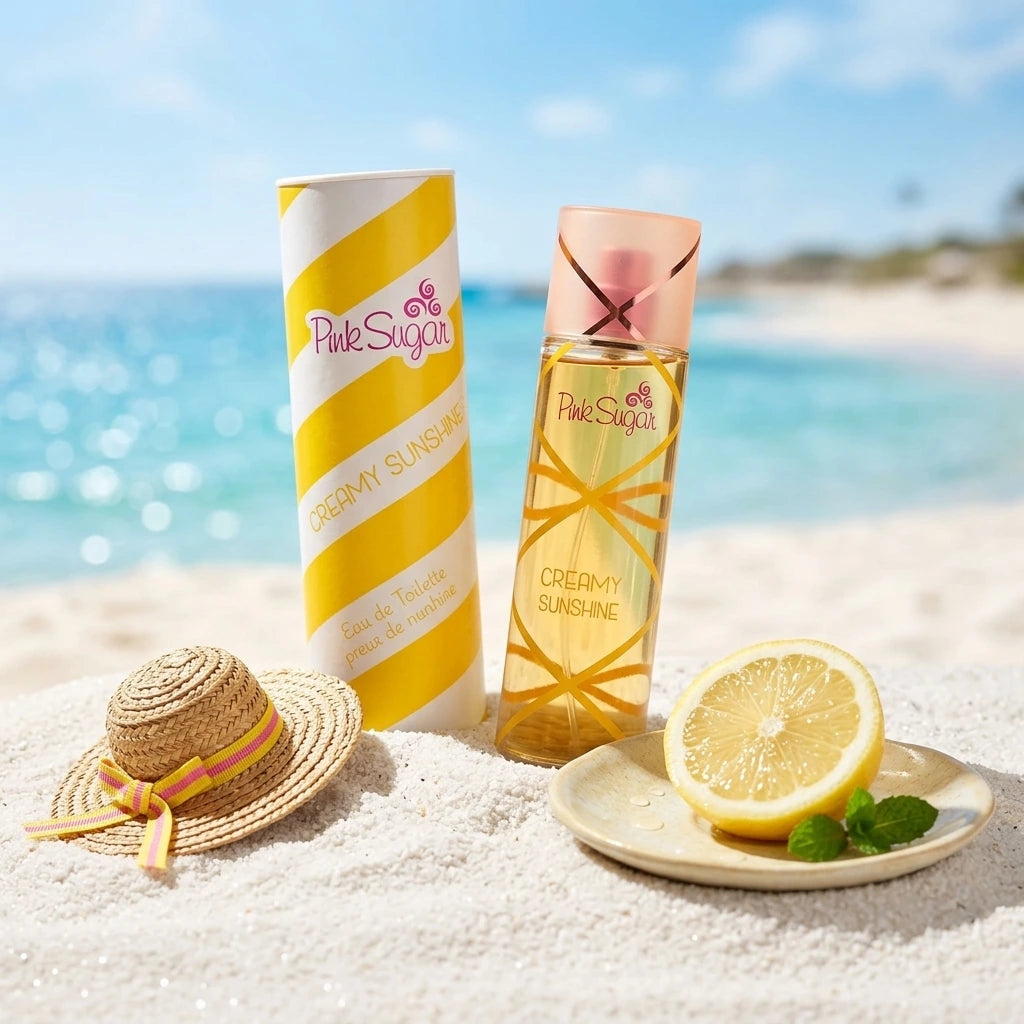 Une scène de plage ensoleillée avec la bouteille de brume corporelle "Pink Sugar Creamy Sunshine" (image_2.png) nichée dans le sable fin et blanc. À côté se trouvent un chapeau de soleil tressé miniature et une tranche de citron parfaitement placée sur une petite soucoupe en céramique. L'arrière-plan montre l'océan et le ciel floutés. (gemini-3.1-flash-image-preview)