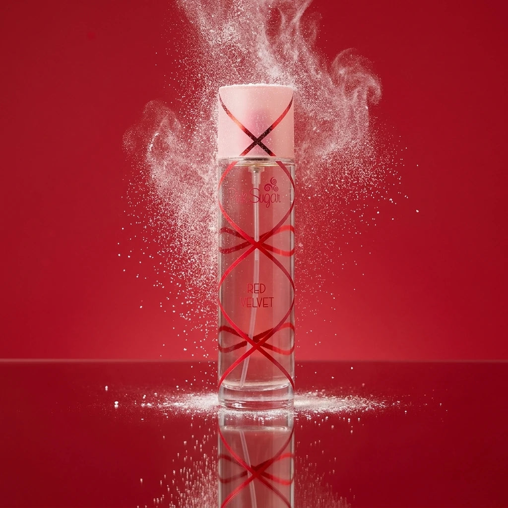 Angle : Au niveau du sol (Eye-level / Ground shot).  Scène : Le flacon de parfum est posé à la verticale sur un miroir parfait. Un léger nuage de sucre glace blanc est capturé en plein mouvement, saupoudrant l'air autour du bouchon rose et rouge. Le contraste entre le rouge vibrant des lignes du flacon et la blancheur du sucre crée un effet visuel saisissant.  Fond : Un arrière-plan monochrome rouge carmin mat, ultra-propre et moderne. (gemini-3.1-flash-image-preview)