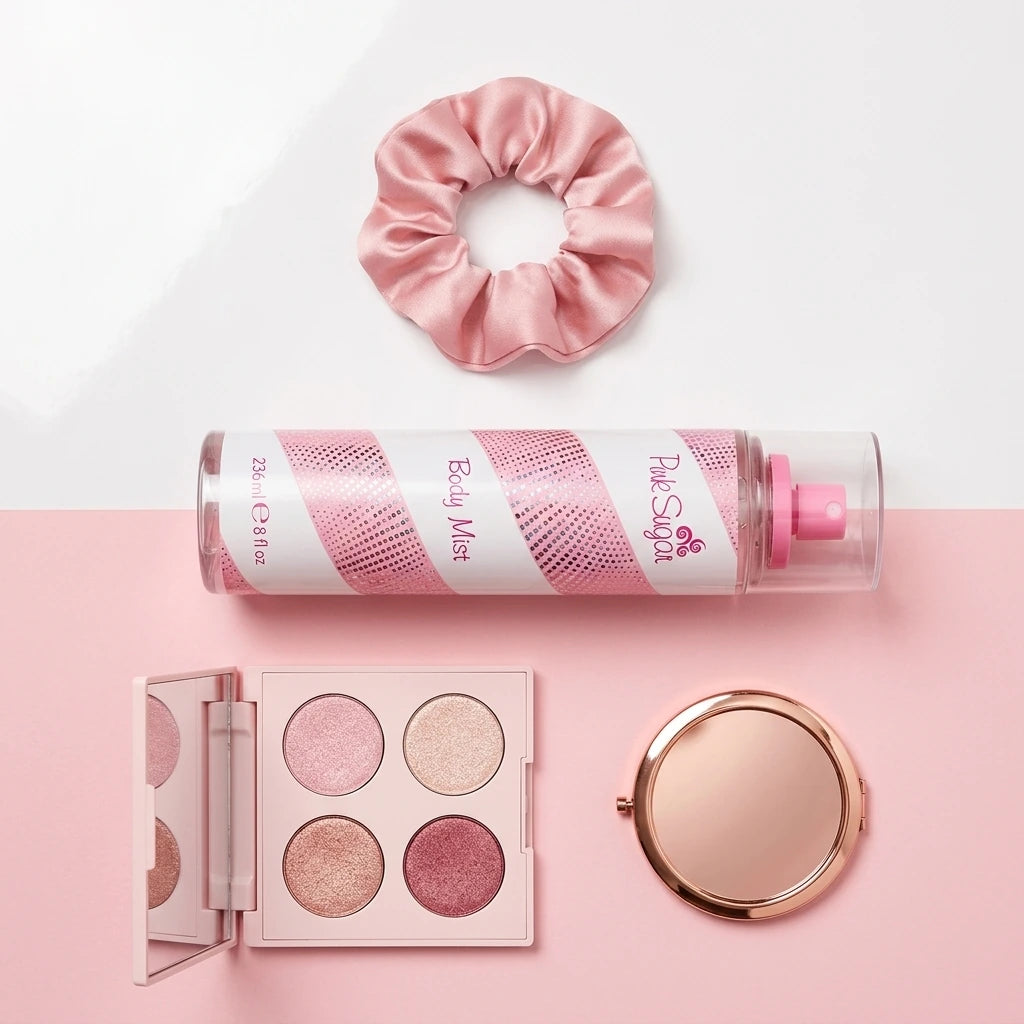 Angle : Vue du dessus à plat ($90^\circ$ - Flat Lay).Scène : Le flacon cylindrique est posé horizontalement sur le dos au centre exact. Autour de lui, les éléments sont alignés proprement : un chouchou en soie rose, une palette d'ombres à paupières ouverte montrant des teintes irisées et rosées, et un petit miroir de poche rond.Fond : Une surface bicolore coupée horizontalement en son centre (moitié supérieure blanc brillant, moitié inférieure rose poudré mat). (gemini-3.1-flash-image-preview)