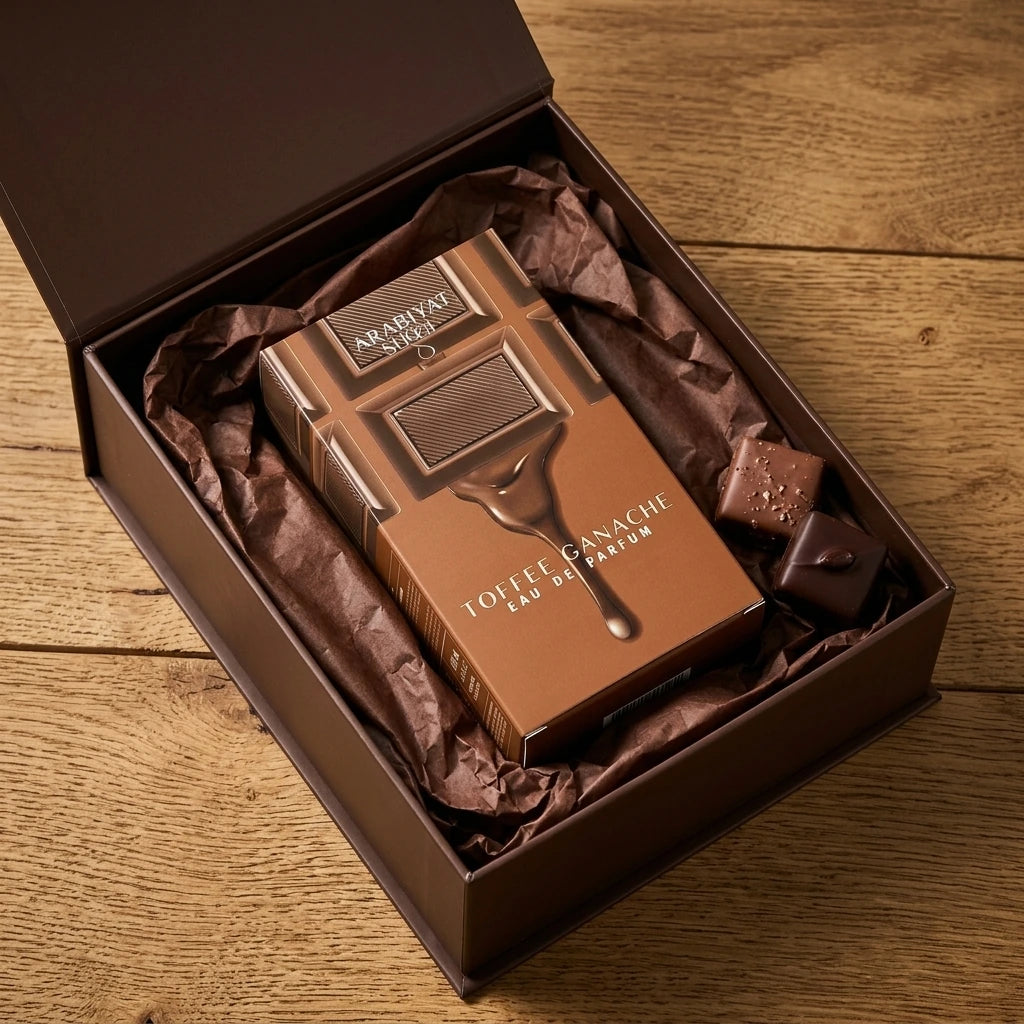 Angle : Vue de trois-quarts haut ($30^\circ$).Scène : Le carton de l'image image_7d199f.jpg est délicatement couché dans un coffret de présentation premium ouvert, enveloppé dans du papier de soie froissé de couleur chocolat. Deux morceaux de chocolat artisanal entiers sont posés négligemment dans le coin du coffret pour compléter la scène.Fond : Une table en bois de chêne brut texturé. (gemini-3.1-flash-image-preview)