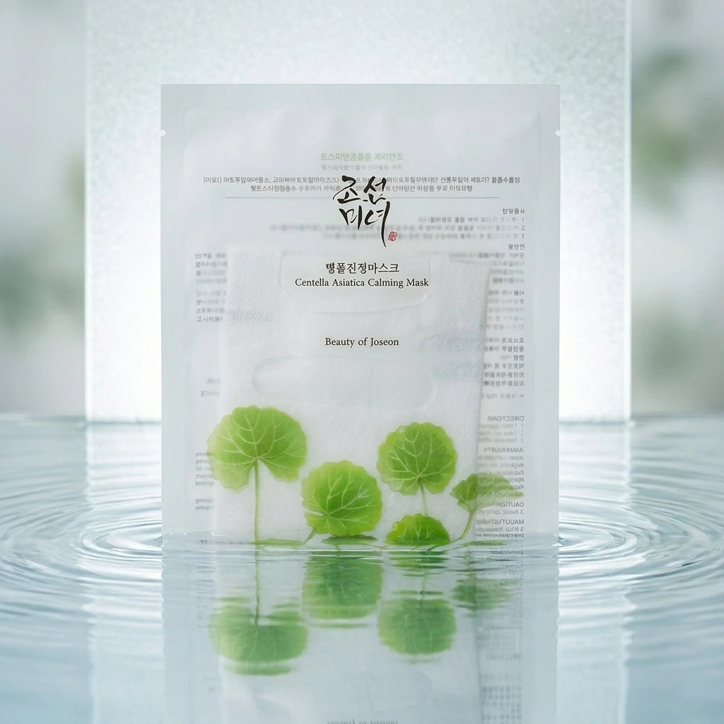 Angle : Prise de vue au ras du support, l'objectif effleurant la surface.  Scène : Le sachet de masque est posé horizontalement au centre d'une fine nappe d'eau cristalline en mouvement. De subtiles rides d'eau concentriques entourent le packaging, faisant écho à l'aspect aqueux et apaisant du produit à la Centella.  Décor & Lumière : L'arrière-plan est un panneau de verre dépoli rétroéclairé. L'eau sous le sachet crée un reflet net des illustrations vertes de feuilles en bas du packaging. (gemini-3.1-flash