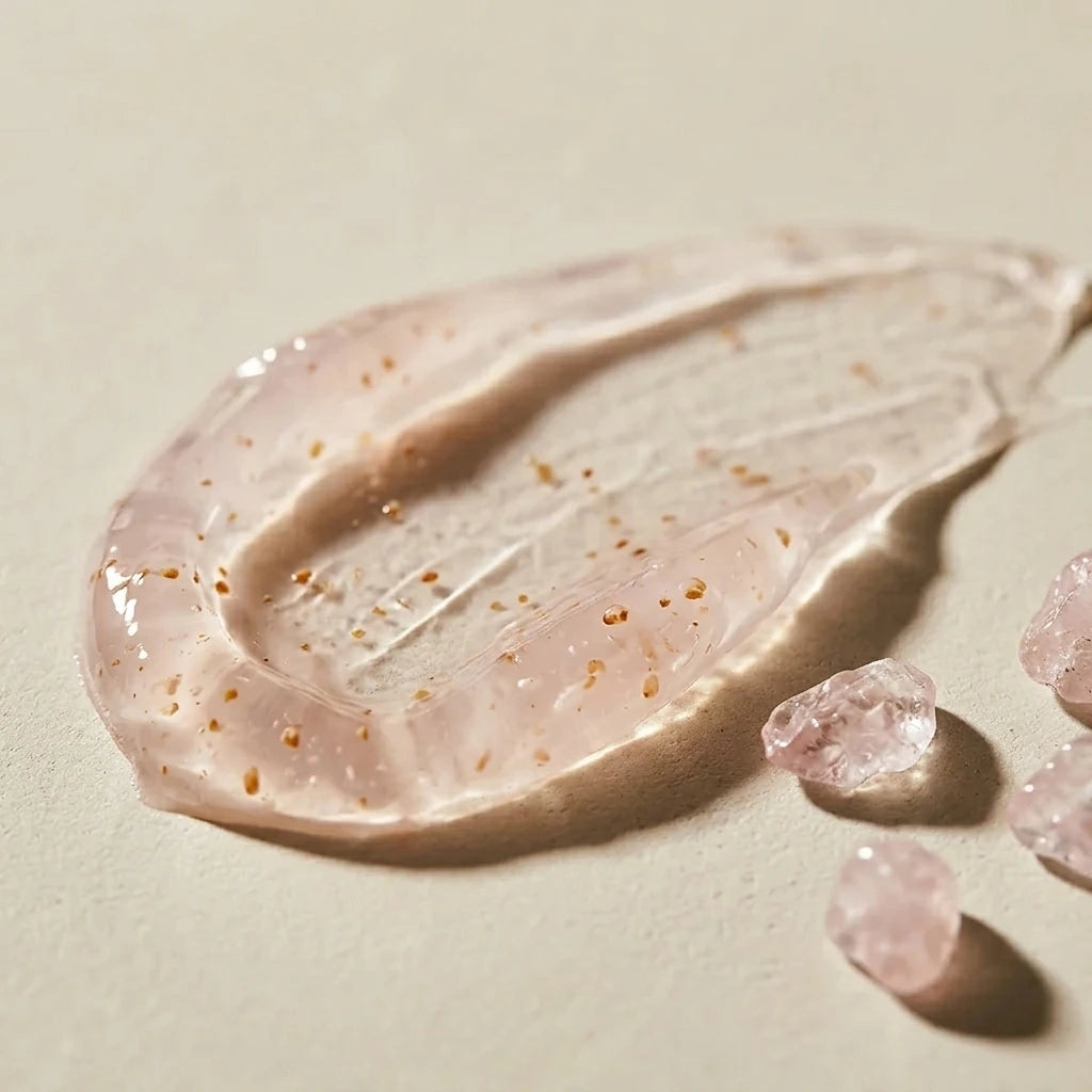 Angle : Gros plan macro très serré, angle incliné vers la texture.  Scène : Gros plan sur une noisette généreuse de gel-crème transparent/rose très clair (le Red Bean Water Gel de l'image) étalée au doigt sur une dalle de béton ciré crème mat. La texture révèle de minuscules granules ambrées de haricot rouge en suspension et une finition douce prête à s'émulsionner. Quelques éclats de quartz rose texturés sont pressés à côté de la texture.  Éclairage : Fond minimaliste crème mat. Éclairage rasant de studio 