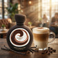 Creative e-commerce shot of the Arabiyat Sugar French Vanilla Latte perfume bottle inspired by image_502f99.jpg. The bottle stands on a rustic dark wood table next to a clear glass mug filled with a freshly brewed vanilla latte showing layers of milk, coffee, and rich foam. Two whole vanilla pods and a few roasted coffee beans are scattered gracefully around. The background is a soft, warm coffee-shop bokeh blur with morning sunbeams. Cozy, premium, and delicious fragrance concept. Aspect ratio 1:1, size 12