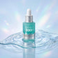 Creative e-commerce shot of Anua PDRN Hyaluronic Acid Serum. The bottle is placed on a wavy, clear glass sheet that mimics a water ripple. The background is a soft gradient of pastel blue and glowing white, with subtle holographic light leaks suggesting intense plumping and moisture. High-end, futuristic skincare aesthetic. Aspect ratio 1:1, size 1200x1200px. (gemini-3.1-flash-image-preview)