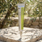 Outdoor commercial product photography of "Celimax The -A Retinol Shot Tightening Booster" 15ml bottle. The product is standing on a raw, textured travertine stone block. Bright morning sunlight filtering through olive tree leaves, casting elegant, dappled organic shadows. Natural, fresh, ultra-crisp details. Shot on 70mm lens, F7, ISO 250, photorealistic, realistic textures, no CGI --ar 1:1 (gemini-3.1-flash-image-preview)
