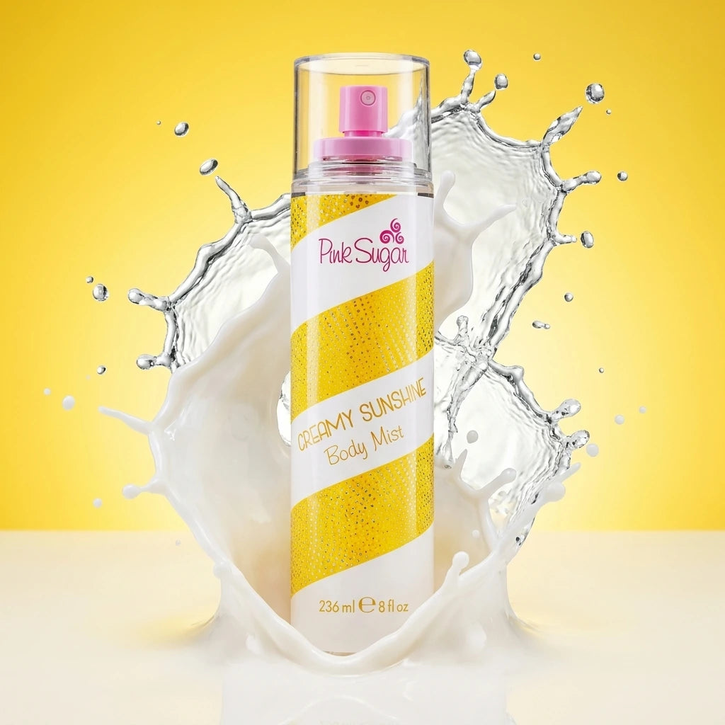 Angle : Vue de face, niveau de l'œil (Eye-level shot).  Scène : Le flacon complet de l'image image_7cad21.jpg se tient fièrement droit. Juste derrière lui, une éclaboussure dynamique de lait de coco blanc et crémeux fusionne artistiquement avec une gerbe d'eau cristalline. Des micro-gouttelettes fraîches sont figées dans l'air tout autour du flacon.  Fond : Un dégradé studio épuré allant du jaune soleil éclatant au blanc crème. (gemini-3-pro-image-preview)