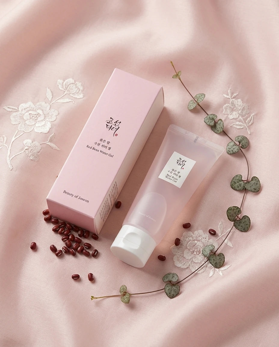Angle : Prise de vue de studio à $45^\circ$, surélevée.Scène : Le duo complet de Beauty of Joseon de l'image (tube translucide + carton rose mat) est posé au centre. Ils reposent sur un tissu de soie fine couleur rose poudre doux, brodé de motifs traditionnels floraux mats et blancs. Au premier plan, de petites billes de haricot rouge séchées (Red Beans) sont parsemées autour de la base des produits. À côté, une branche fine de heartleaf texturée est disposée artistiquement.Éclairage : Lumière douce, tamisé