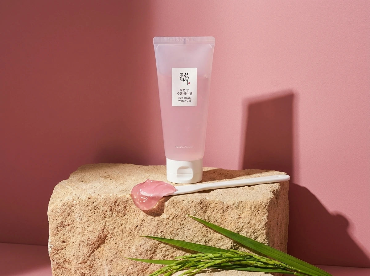 Angle : Face au produit (Eye-level shot), cadrage horizontal épuré, tube debout.  Scène : Le tube de l'image repose sur un bloc cubique de grès ou de travertin beige très clair, poreux et texturé. Une fine spatule en céramique blanche est posée sur la pierre rugueuse juste devant le packaging, une noisette généreuse de gel rose/translucide brillante s'étirant depuis son extrémité. Quelques feuilles de riz vert éclatant sont disposées à la base pour un contraste de couleur complémentaire.  Éclairage : Fond m