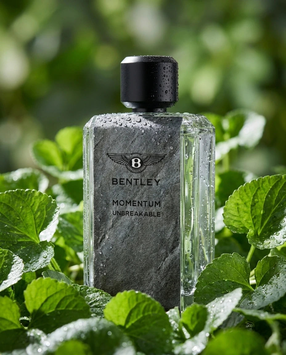 High-end commercial perfume photography of a Bentley Momentum Unbreakable 100ml bottle. The bottle is subtly surrounded by crisp, wet green violet leaves with tiny, realistic water droplets on them. Clean, bright studio lighting, soft depth of field with a blurry background, professional product shot, hyper-detailed, sharp focus on the glass and logo. --ar 4:5 (gemini-3-pro-image-preview)
