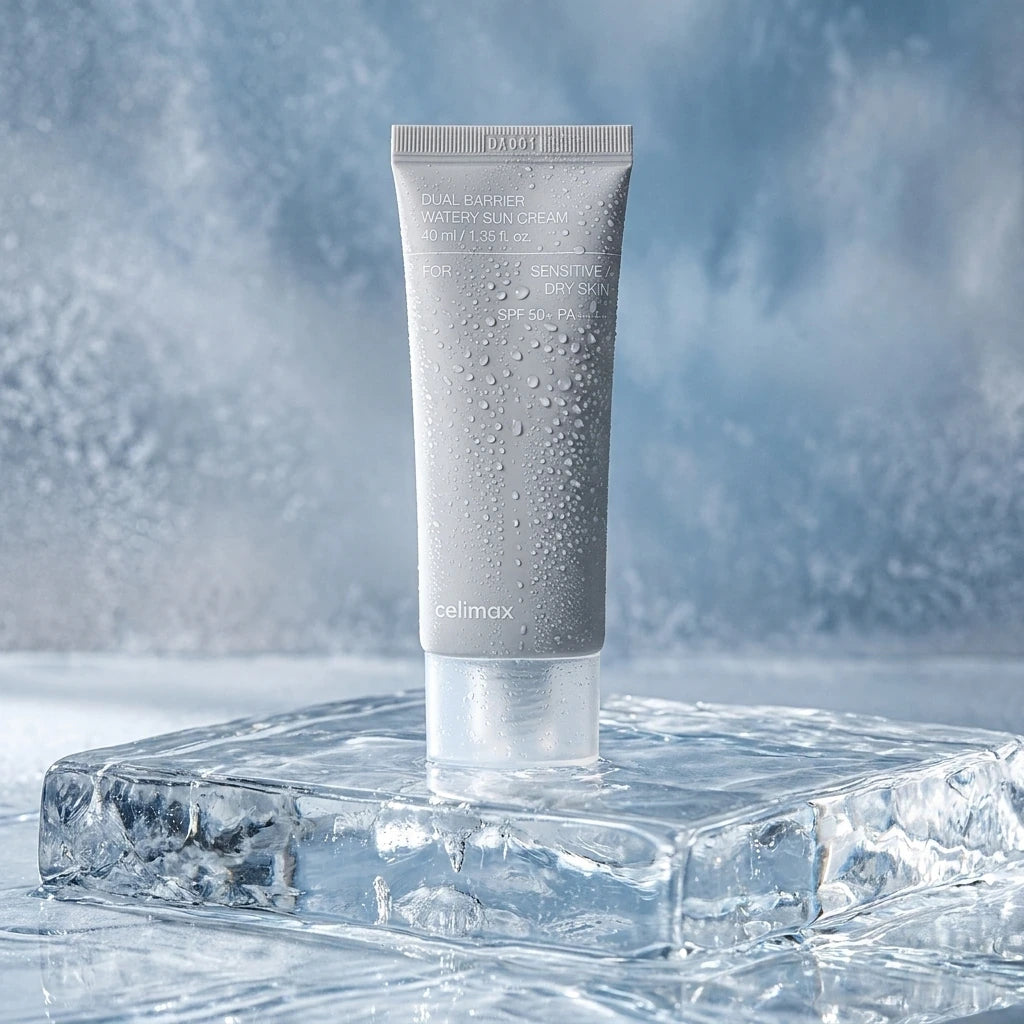 High-resolution studio product shot. The Celimax Dual Barrier Watery Sun Cream tube stands firmly on a slab of polished, crystal-clear ice, which creates beautiful caustics and refractions of light below it. The background is a soft focus of cool, frosted blue and silver tones, suggesting cold weather protection. The product packaging has tiny, realistic condensation droplets on it to emphasize the "Watery" aspect. Crisp, clear studio lighting. Shot with a 70mm lens, F7.0, ISO 250. --ar 1:1 (gemini-3-pro-im