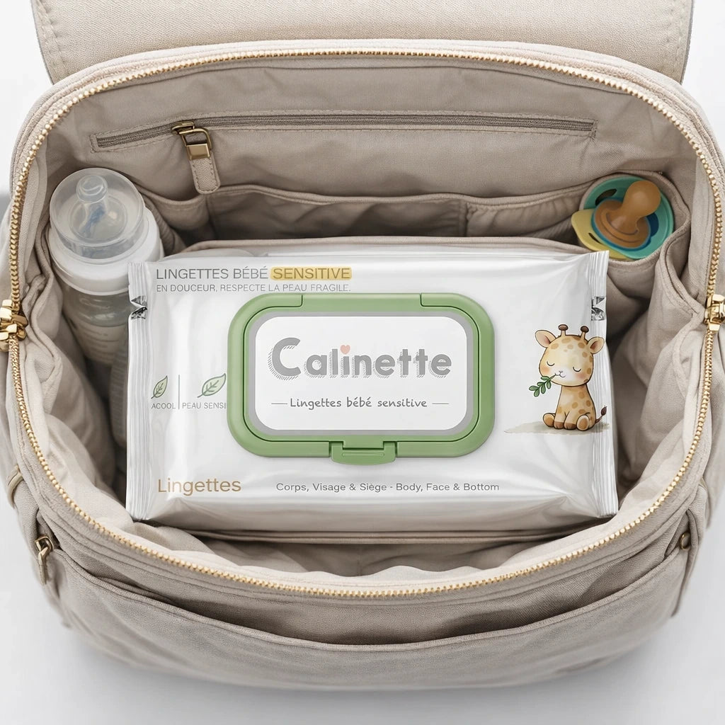 Lifestyle 1:1 product photograph of an open, modern canvas diaper bag, shot from directly above. The "Calinette - Lingettes Bébé Sensitive" pack is neatly placed in the main compartment, centered. Next to it, a small glass baby bottle and a colorful pacifier are subtly visible in side pockets, balanced within the square frame. Bright and clear natural lighting. Shot with a 70mm lens, f/4.0, ISO 250, highly realistic, tangible materials. --ar 1:1 (gpt-image-1.5)