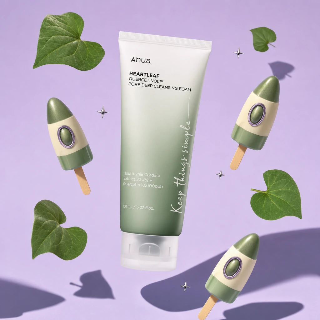 Surreal product photography of "Heartleaf Quercetinol Pore Deep Cleansing Foam" floating mid-air. It is surrounded by floating retro space-age popsicles and green heart-shaped leaves. Background is a solid pastel lavender backdrop with hard, pop-art style shadows. Cosmic, fun, and ultra-creative cosmetics commercial look, 1:1 aspect ratio. (gpt-image-2)