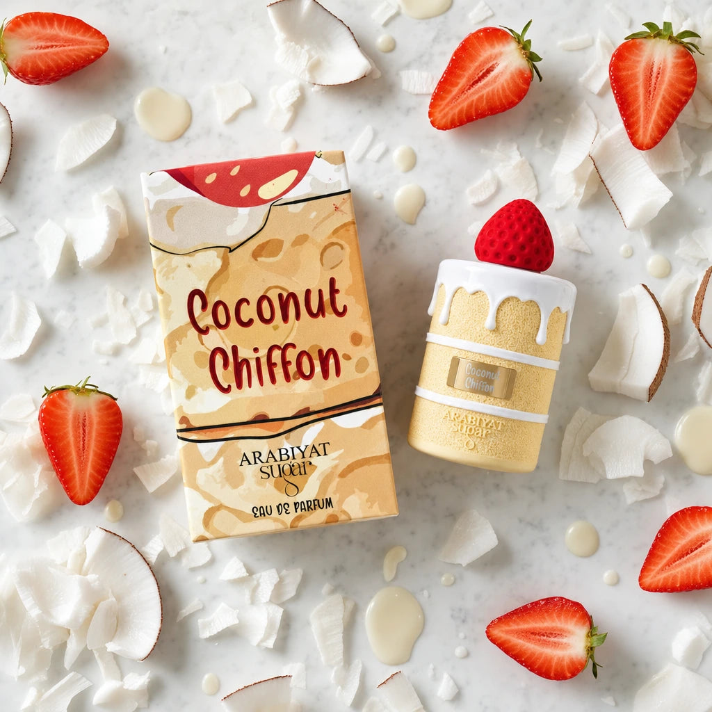 Une vue de dessus (flat-lay) artistique et lumineuse sur un format carré de 1200x1200px. Au centre, le flacon de parfum en forme de gâteau à étages et sa boîte "Arabiyat Sugar - Coconut Chiffon" de image_936104.jpg sont posés à côté. Ils sont entourés de véritables copeaux de noix de coco fraîche d'un blanc immaculé, de fraises rouges juteuses coupées en deux et de quelques fines gouttes de glaçage à la crème. L'ensemble est disposé sur une table en marbre blanc brillant sous une lumière studio douce. (gpt-