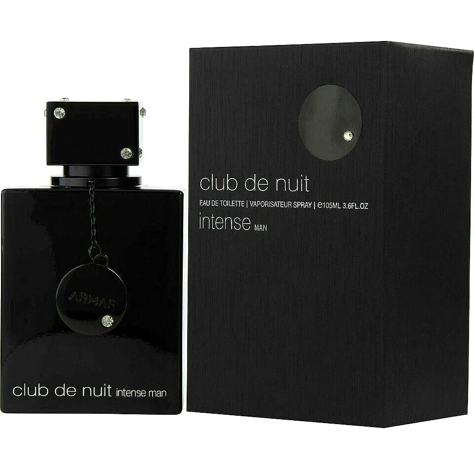 Armaf Club de Nuit Intense Eau de Toilette per uomo - un flacone di profumo maschile elegante e moderno con tappo nero e accenti argentati, che poggia su una superficie riflettente.