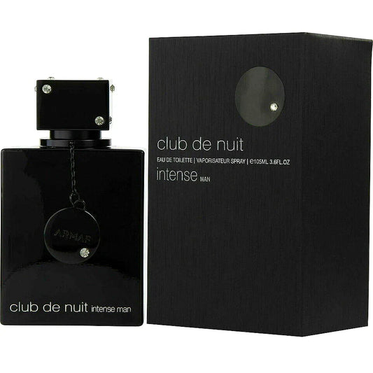 Armaf Club de Nuit Intense Eau de Toilette per uomo - un flacone di profumo maschile elegante e moderno con tappo nero e accenti argentati, che poggia su una superficie riflettente.