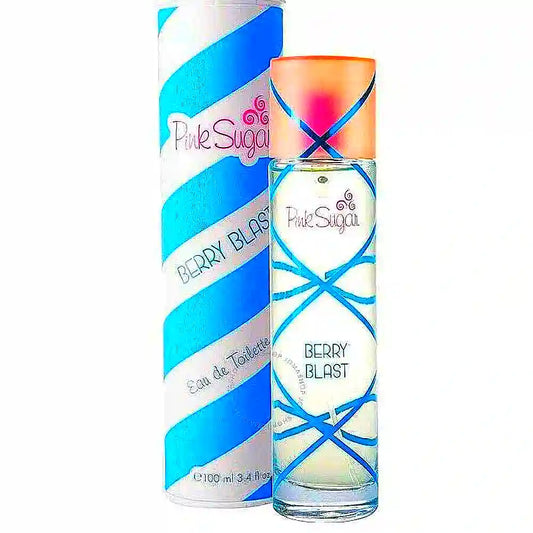 Flacone di Aqualina Pink Sugar - Berry Blast Eau de Toilette da donna con un design a tema rosa e bacche, caratterizzato da un'estetica giocosa e femminile.
